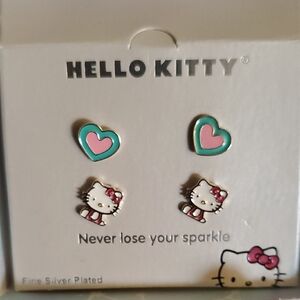 SANRIO Hello Kitty & Heart Stud Pierced Earrings Pink Teal FINE SILVER PLATE